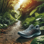 A pair of modern, max-cushioned running shoes on a path, surrounded by lush greenery
