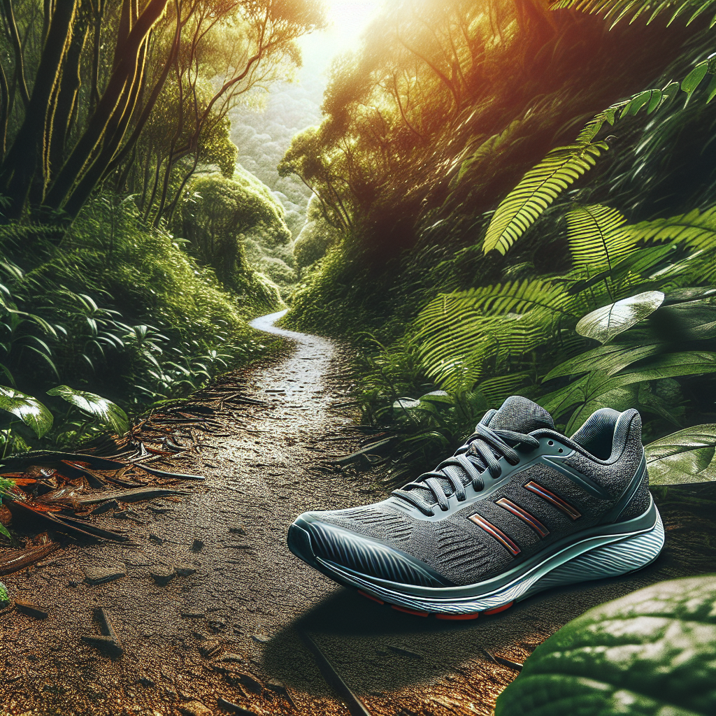 A pair of modern, max-cushioned running shoes on a path, surrounded by lush greenery
