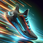 A high-tech running shoe with carbon elements, vibrant colors, and a dynamic background, capturing speed and innovation.