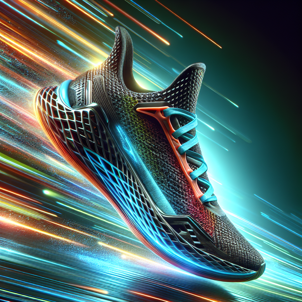 A high-tech running shoe with carbon elements, vibrant colors, and a dynamic background, capturing speed and innovation.