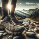 A rugged pair of trail running shoes on a scenic mountain path, showcasing durability and grip.