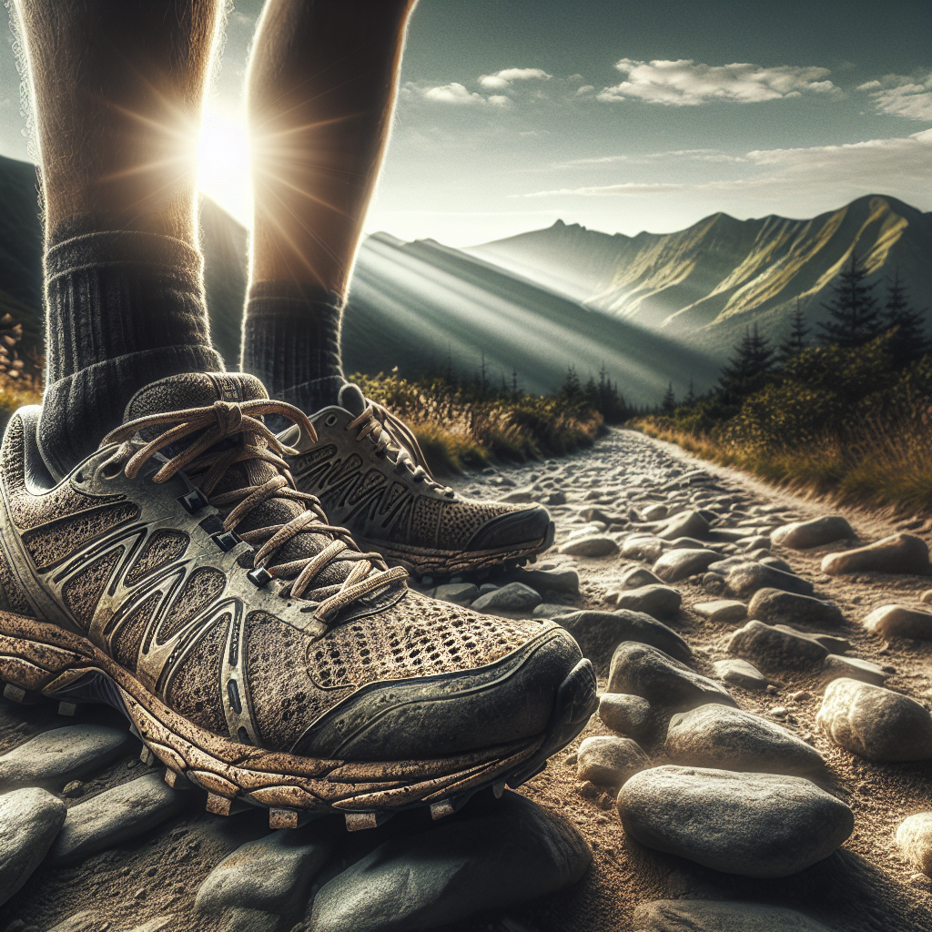 A rugged pair of trail running shoes on a scenic mountain path, showcasing durability and grip.