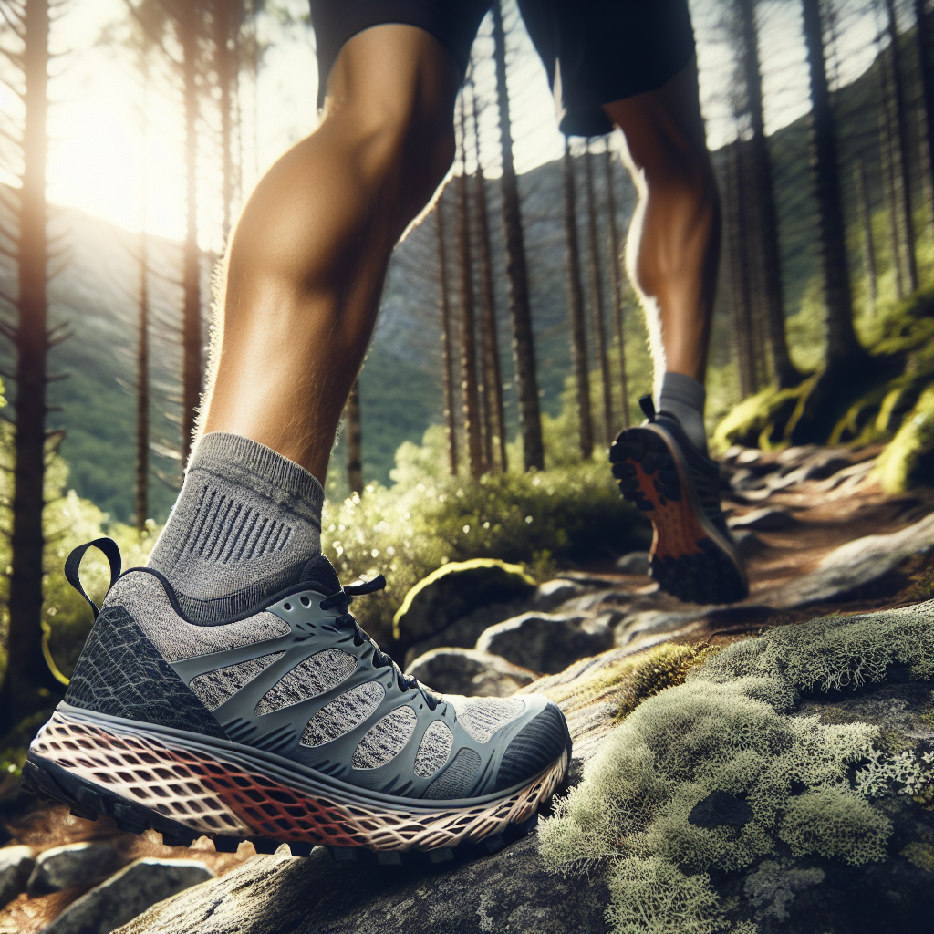 En løper på en steinete skogssti i norske fjell, iført moderne terrengløpesko med tydelige lugs, naturlig lys og fokus på skoene og terrenget rundt