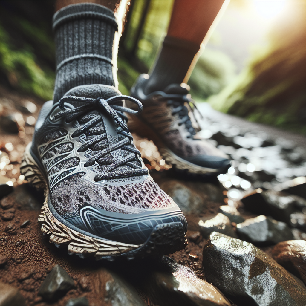 Nærbilde av terrengløpesko på steinete skogsti, tydelig knotter og demping, naturlig lys, aktivt friluftspreg, høy detaljrikdom